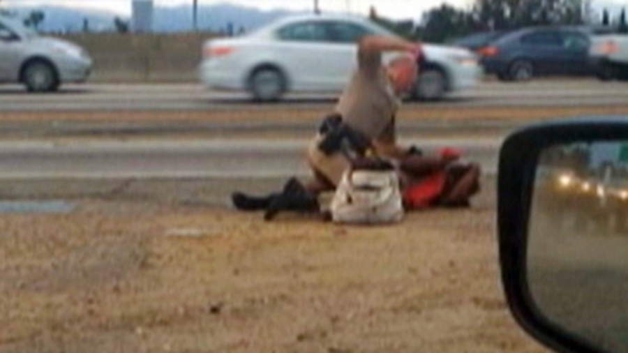 A California Highway Patrol officer punches Marlene Pinnock, 51, on the shoulder of a Los Angeles freeway.