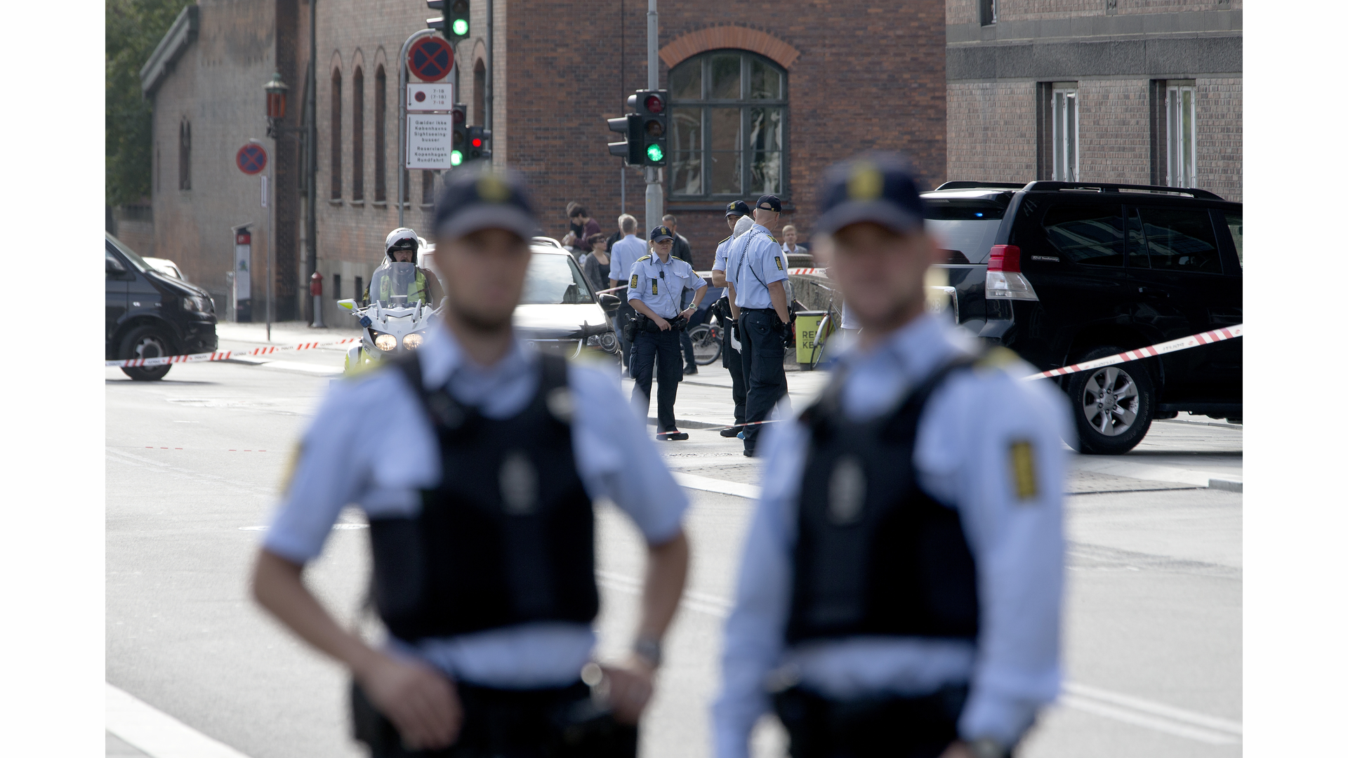 Police are seen outside Town Hall Square, Raadhuspladsen, in Copenhagen on Sept. 16.