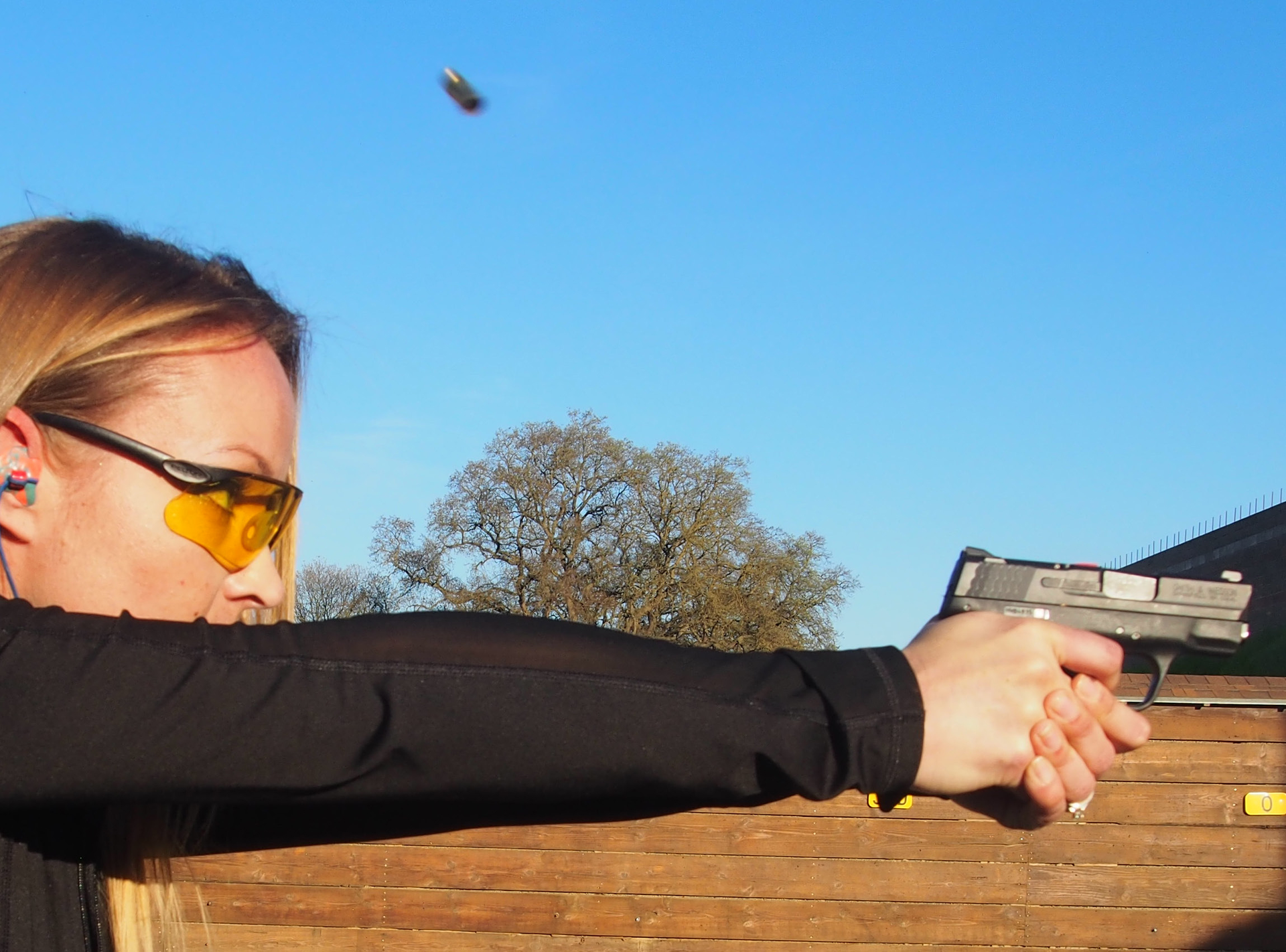 Firearms Instructor Jessica Regalado showed up on the range with several of her own M&P models when we tested the M&P Shield. This gun was compact and had some of the best ergonomics of any compact gun we have tested. We liked it especially for its ability to transition from target to target, and still keep brass in the air.