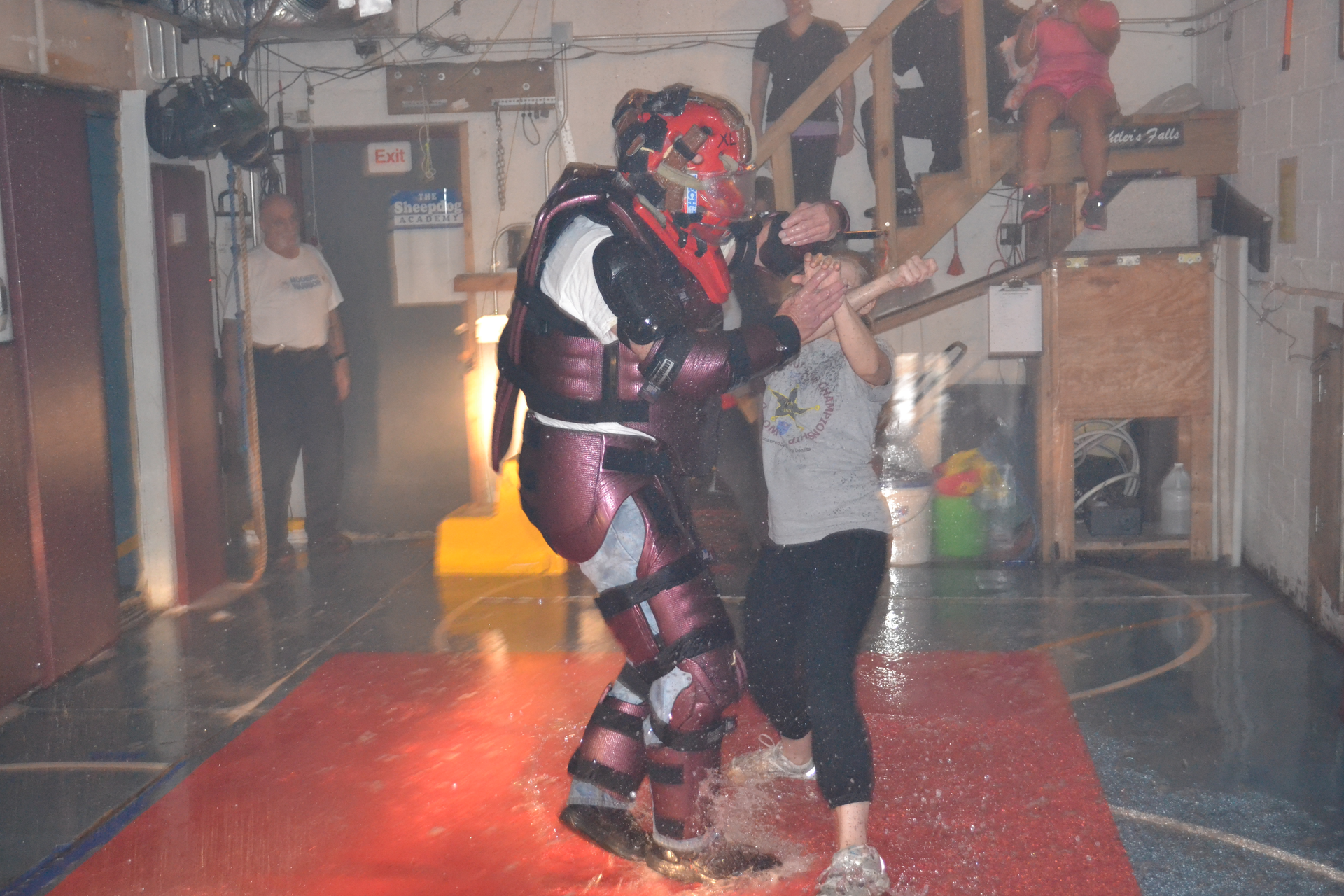 Rain, wind, slippery flooring, blaring sirens and bells, and size disparity in training gives students the opportunity to learn how to negotiate and overcome challenges they may encounter in a real world life or death confrontation.