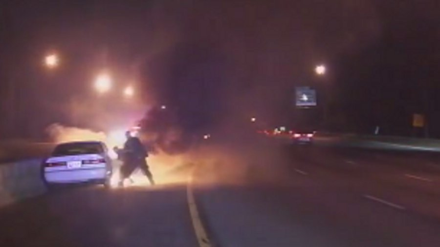 Montgomery County Police Officers Cody Fields and Brian Nesbitt rescued an unconscious motorist from a burning vehicle last year.