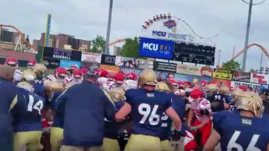An annual charity football game pitting NYPD officers against FDNY firefighters erupted in a bloody brawl at MCU Park on Coney Island Sunday.