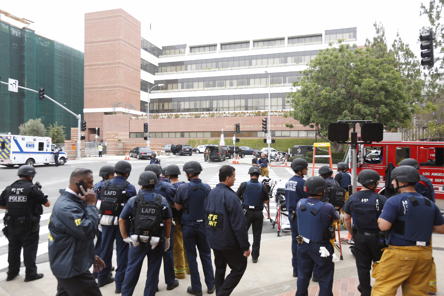 Police officers respond to a shooting on the campus of UCLA in Los Angeles on June 1.