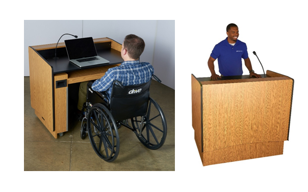 AmpliVox&rsquo;s new ADA Compliant Lectern can be set at any height from 31 to 41 inches, making it comfortable for seated or standing presenters. Its extra-wide rear access accommodates wheelchairs with easy entry and exit and is 2010 ADA Standards for Accessible Design Compliant.