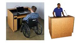 AmpliVox’s new ADA Compliant Lectern can be set at any height from 31 to 41 inches, making it comfortable for seated or standing presenters. Its extra-wide rear access accommodates wheelchairs with easy entry and exit and is 2010 ADA Standards for Accessible Design Compliant. AmpliVox’s new ADA Compliant Lectern can be set at any height from 31 to 41 inches, making it comfortable for seated or standing presenters. Its extra-wide rear access accommodates wheelchairs with easy entry and exit and is 2010 ADA Standards for Accessible Design Compliant.