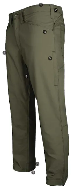 1. Relaxed fit features a defined contour waistband allowing optimum fit and comfort of waist and back rise. 2. Two reinforced utility pockets along back yoke above back pockets. 3. Lower front hand pockets for easy access with or without a holster. 4. Discreet dump pocket on right side for phones, magazines or other essential gear. 5. Low-profile zippered vent pocket along the seam of both legs provides air circulation. 6. Reinforced heel kick plate for durability. 7. Small, hidden utility pocket inside of bottom cuffs. 8. All pocket corners reinforced with metal rivets. 9. Gusseted crotch. 1. Relaxed fit features a defined contour waistband allowing optimum fit and comfort of waist and back rise. 2. Two reinforced utility pockets along back yoke above back pockets. 3. Lower front hand pockets for easy access with or without a holster. 4. Discreet dump pocket on right side for phones, magazines or other essential gear. 5. Low-profile zippered vent pocket along the seam of both legs provides air circulation. 6. Reinforced heel kick plate for durability. 7. Small, hidden utility pocket inside of bottom cuffs. 8. All pocket corners reinforced with metal rivets. 9. Gusseted crotch.