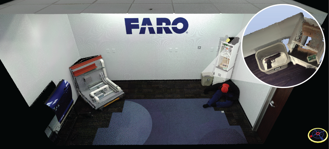 The new Freestyle3D Objects also can be used with the FARO Focus Laser Scanner to enhance scene capture by reaching areas a terrestrial laser scanner&rsquo;s line of sight cannot traditionally reach, as seen in the figure.
