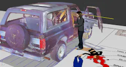 The crime scene recreation image shows 3ds Max software with the point cloud being created with a FARO Laser Scanner and processed in FARO SCENE software. The crime scene recreation image shows 3ds Max software with the point cloud being created with a FARO Laser Scanner and processed in FARO SCENE software.