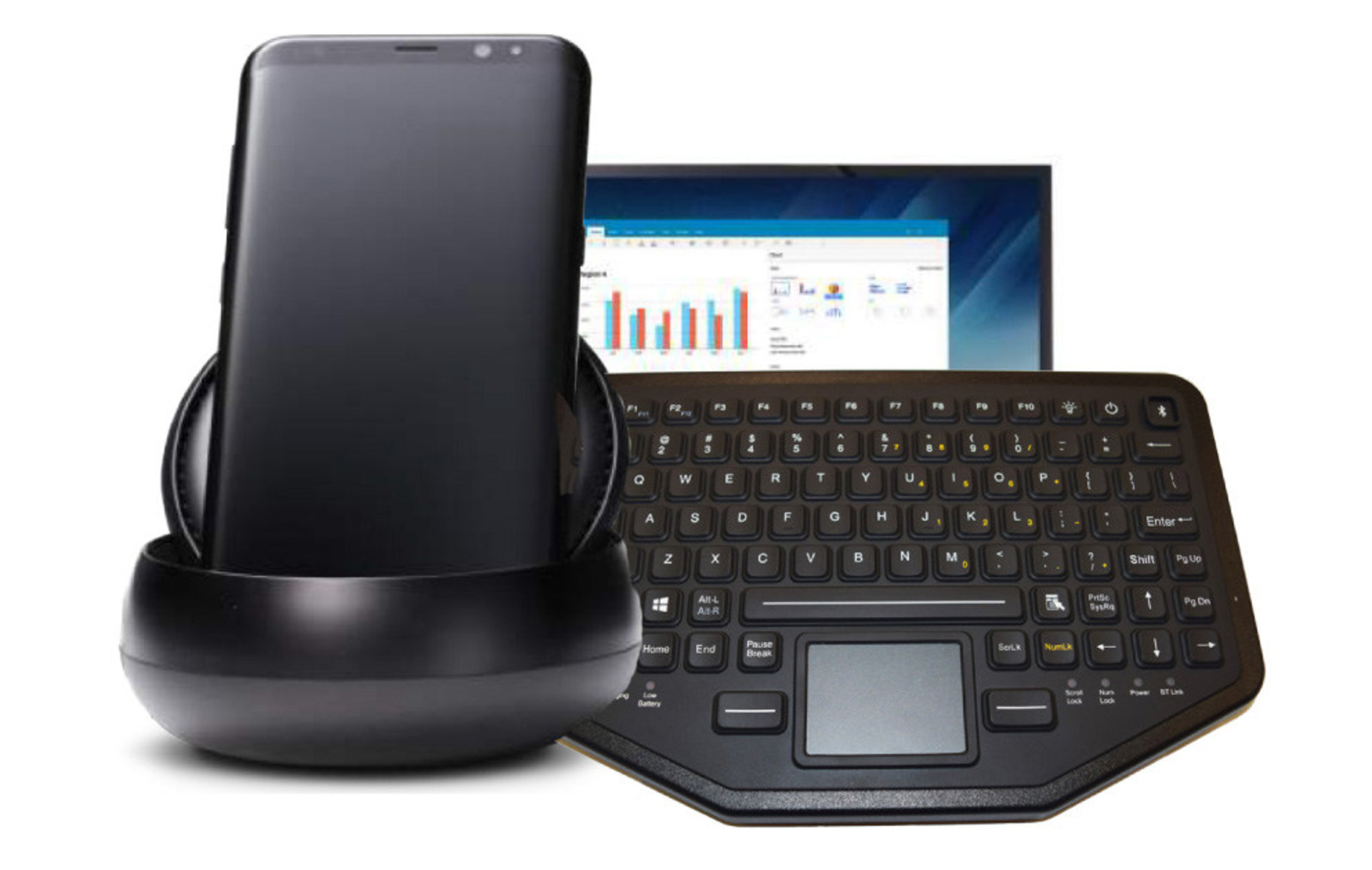 iKey BT-870-TP dual connectivity keyboard with Samsung DeX(TM) docking station and display. With a Galaxy S8 phone, this system rivals any desktop workstation experience, inside a police car, a hotel room, and more. The docking station turns any monitor into a computer workstation.