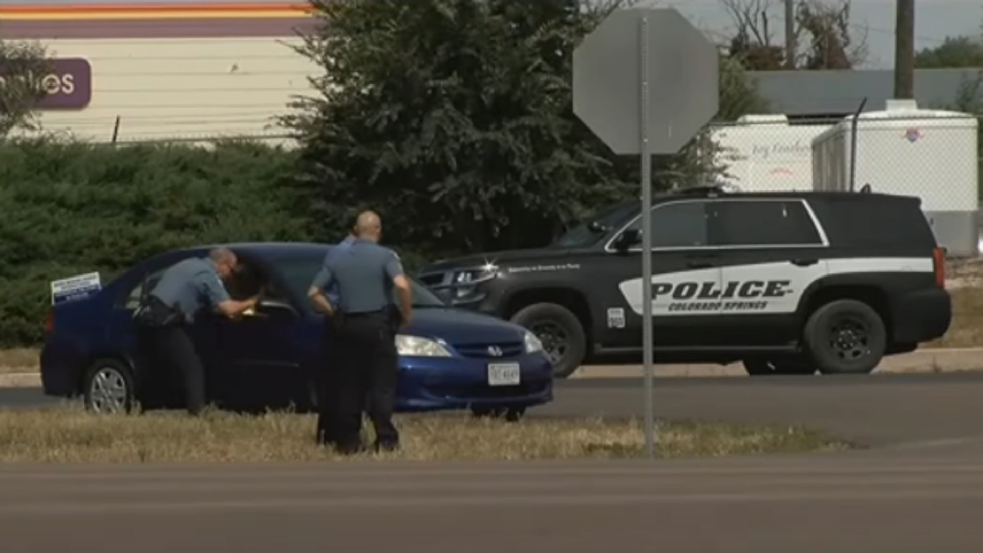 Two police officers were injured in an unusual incident involving a stolen vehicle and a police dog Tuesday.