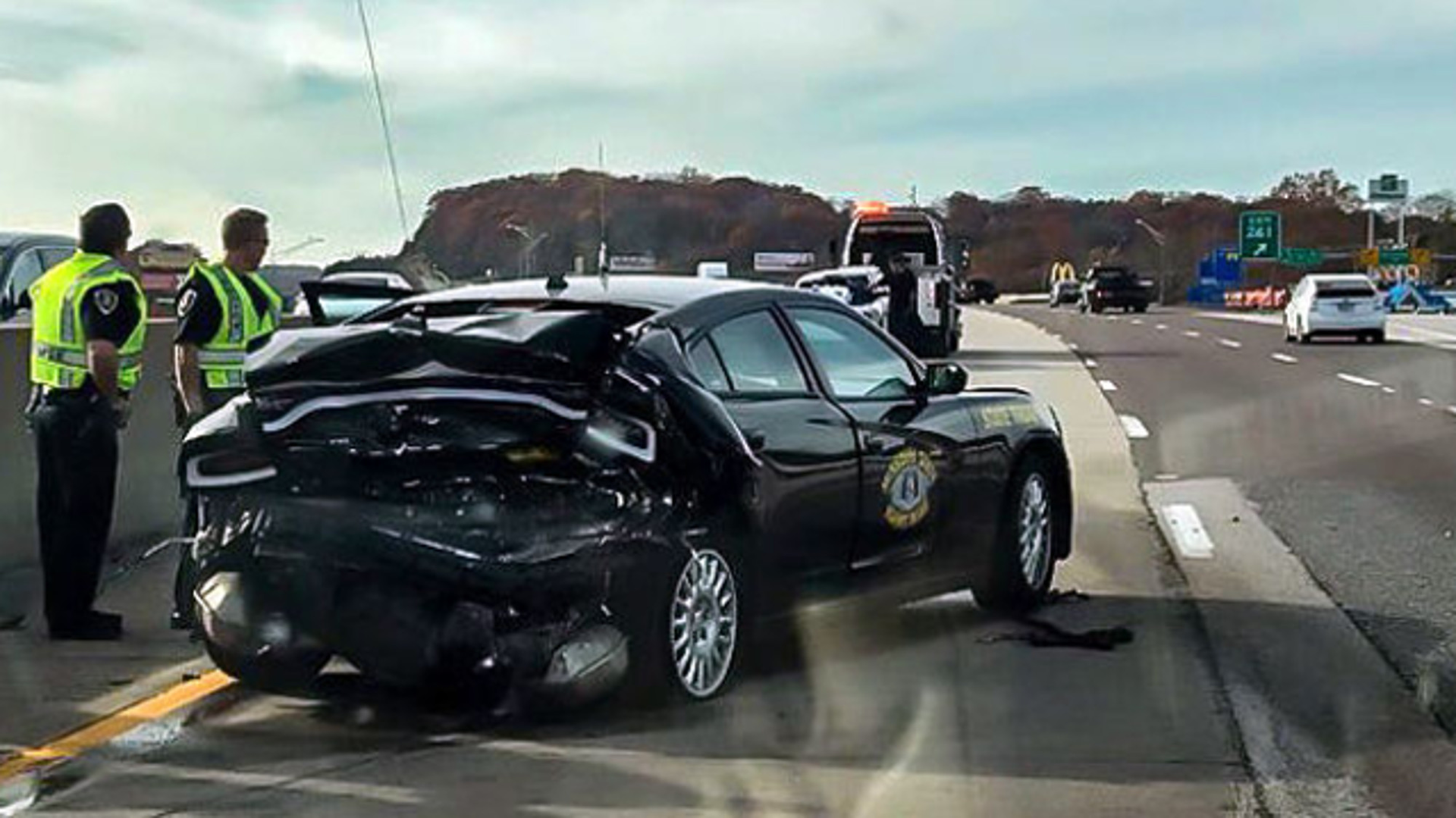 A Missouri Highway Patrol officer was injured when a pickup truck hit the back of his patrol car on Interstate 44 Saturday.