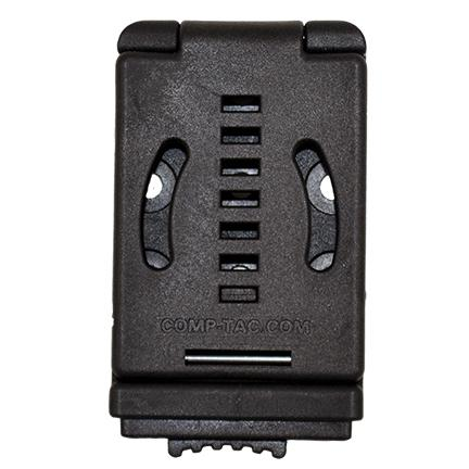 The shooter's body side of closed PLM. Gear attachment holes are seen trough stress relief slots. Horizontal slots are for secure belt width attachment. Hinged at top and release button at bottom. Simply attach to holster or pouches, loop over belt and close.