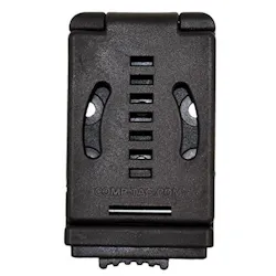 The shooter's body side of closed PLM. Gear attachment holes are seen trough stress relief slots. Horizontal slots are for secure belt width attachment. Hinged at top and release button at bottom. Simply attach to holster or pouches, loop over belt and close. The shooter's body side of closed PLM. Gear attachment holes are seen trough stress relief slots. Horizontal slots are for secure belt width attachment. Hinged at top and release button at bottom. Simply attach to holster or pouches, loop over belt and close.