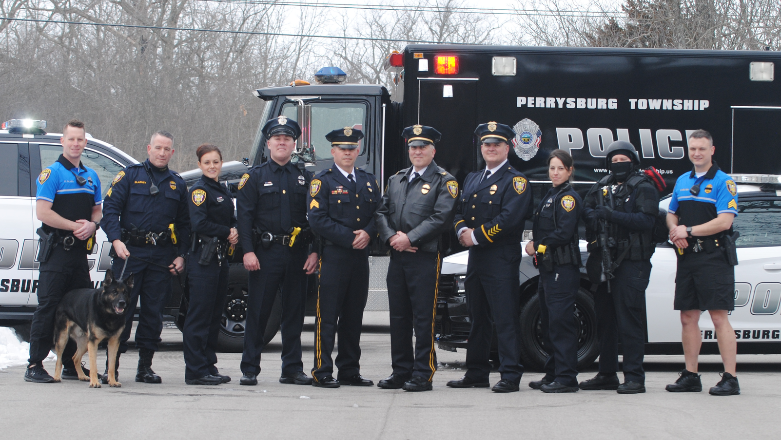 The uniform of Perrysburg Township PD consists of lines from Elbeco and the Blauer Rip-Stop with an embroidered name and sewn-on bade. The K9 unit uses Propper's Rip-Stop.