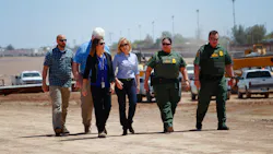U.S. Department of Homeland Security Secretary Kirstjen M. Nielsen, middle, stops for a brief visit along the U.S.-Mexico border, where construction for the bollard fence is currently underway along the border in Calexico on Wednesday, April 18, 2018. U.S. Department of Homeland Security Secretary Kirstjen M. Nielsen, middle, stops for a brief visit along the U.S.-Mexico border, where construction for the bollard fence is currently underway along the border in Calexico on Wednesday, April 18, 2018.