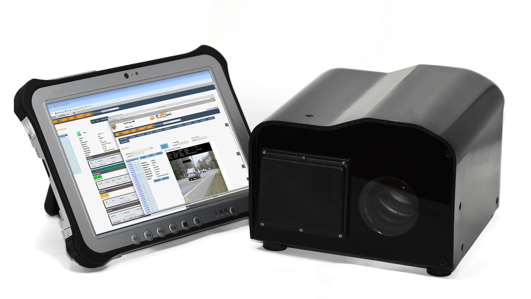 At left, Brekford's iP360 violation processing suite. At right, the speed and stop sign camera.
