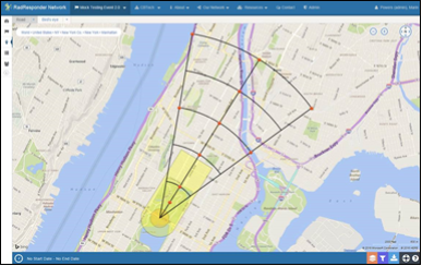 A RadResponder screen shows the 10-point monitoring survey points overlaying a map image of a radiological incident. This feature is one example of the guidance tools jointly developed by NUSTL and selected for integration in FEMA&rsquo;s RadResponder system.