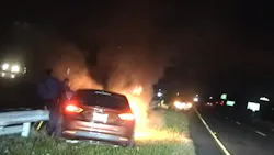 Two New Jersey State Police troopers pulled an unconscious man from a burning car moments before it became fully engulfed in flames over the weekend. Two New Jersey State Police troopers pulled an unconscious man from a burning car moments before it became fully engulfed in flames over the weekend.
