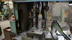This is a press for forming the Gold Dot bullet after plating. I put three bullets on the press to give everyone an idea of what they look like in the stages of forming the bullet. This is a press for forming the Gold Dot bullet after plating. I put three bullets on the press to give everyone an idea of what they look like in the stages of forming the bullet.