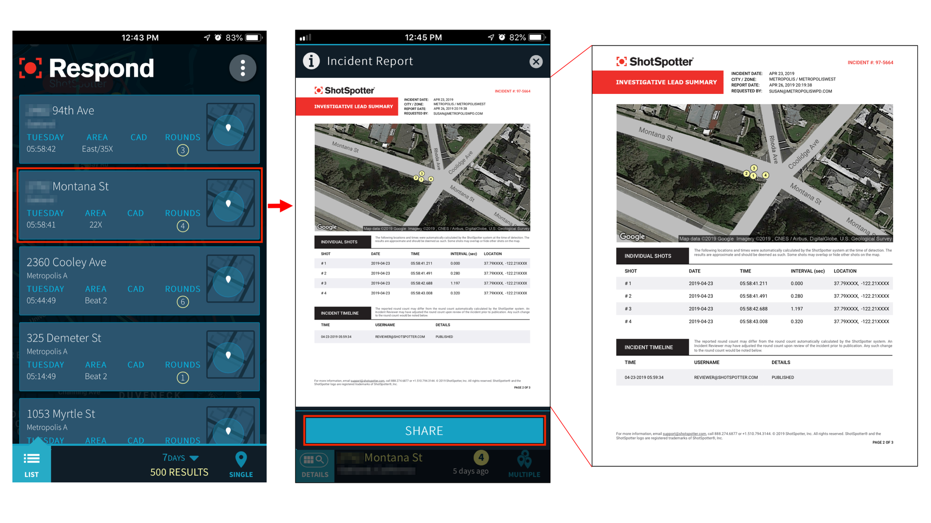 Screen capture images of a gunfire report from the mobile app.