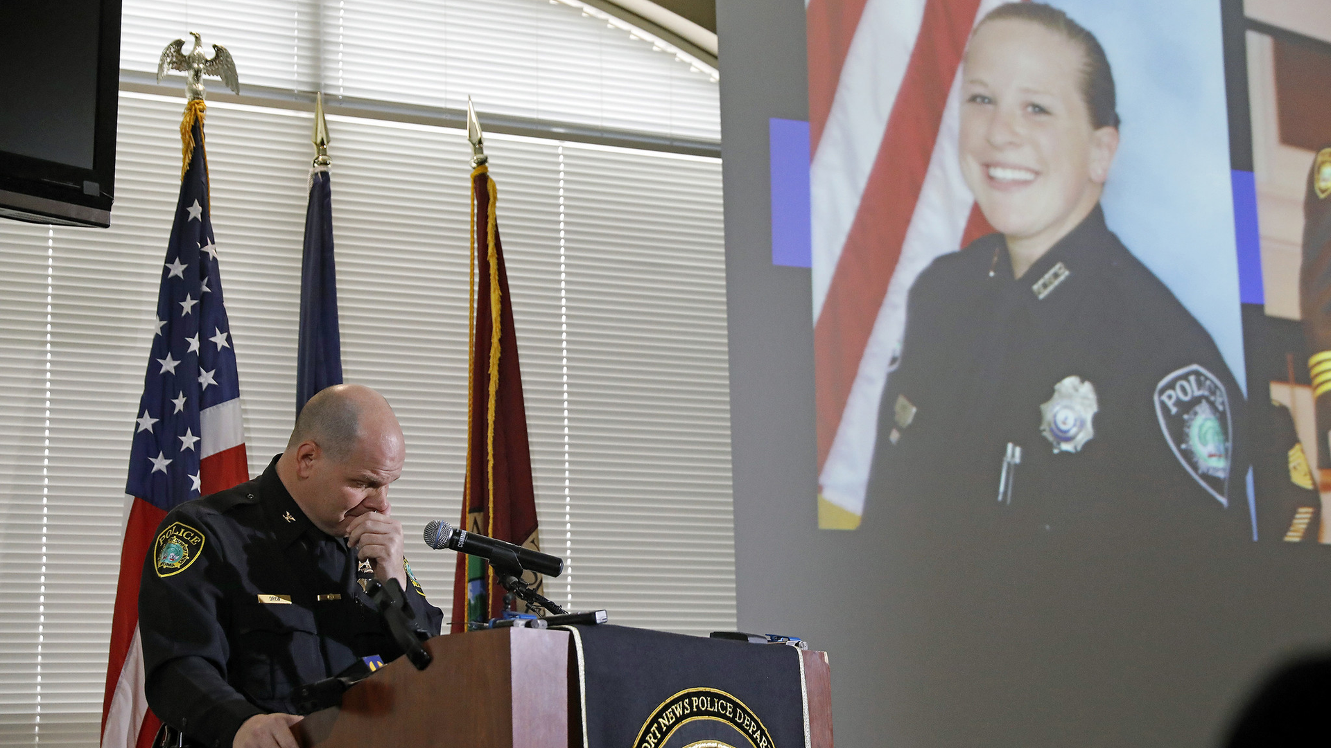 Newport News Police Chief Steve Drew becomes emotional while speaking about officer Katie Thyne during a press conference Friday morning, Jan. 24, 2020. Officer Thyne died Thursday night after being dragged during a traffic stop.