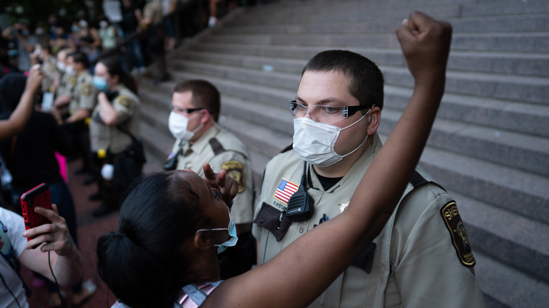 Demonstrators in the streets in Minneapolis during a third day of protests following the death of George Floyd while in Minneapolis police custody, on Thursday, May 28, 2020.