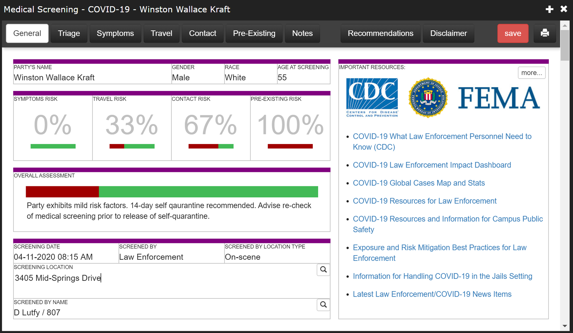 Example of a single person's results with the Agisent Technologies Inc. Advanced Medical Screener software.