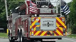 Hingham fire trucks have flown a black and blue flag to honor Weymouth Sgt. Michael Chesna, who was killed in the line of duty in July 2018. Hingham fire trucks have flown a black and blue flag to honor Weymouth Sgt. Michael Chesna, who was killed in the line of duty in July 2018.