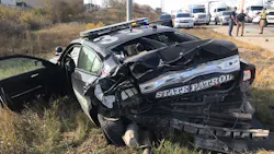 An Oklahoma State Patrol trooper was injured after his patrol car was struck on a highway Wednesday morning. An Oklahoma State Patrol trooper was injured after his patrol car was struck on a highway Wednesday morning.
