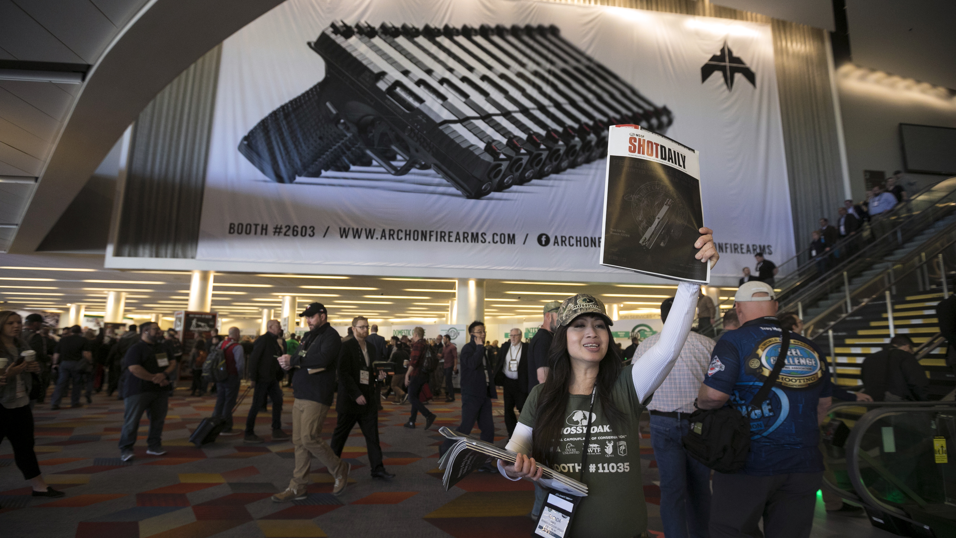 The entrance to the 2019 SHOT Show in Las Vegas is seen.