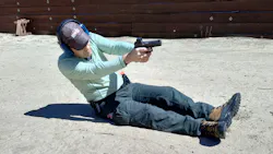 The Pinned Officer Drill is a good way to train with an RDS because it includes switching hands and shooting from the non dominant side. In this position, the officer simulates having the feet against the patrol car tires and much of the body behind the engine block. The Pinned Officer Drill is a good way to train with an RDS because it includes switching hands and shooting from the non dominant side. In this position, the officer simulates having the feet against the patrol car tires and much of the body behind the engine block.