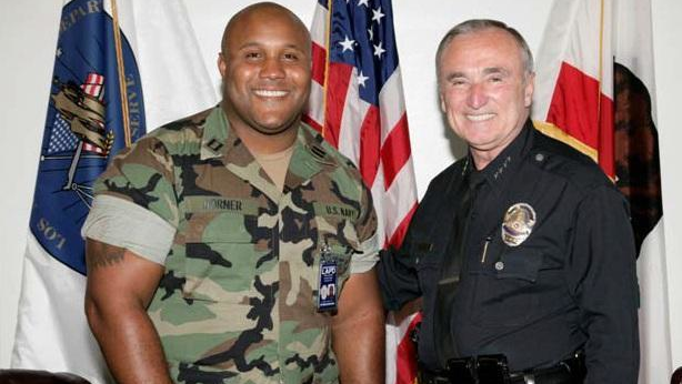 Christopher Dorner, left, is seen with former Los Angeles Police Chief William Bratton
