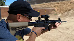 Lindsey was able to fire quick controlled pairs with the Leupold Prismatic scope. Because of the mounting height of this optic, it allowed for a co witness of the MagPul MBUIS sights. This was an unexpected bonus. Lindsey was able to fire quick controlled pairs with the Leupold Prismatic scope. Because of the mounting height of this optic, it allowed for a co witness of the MagPul MBUIS sights. This was an unexpected bonus.