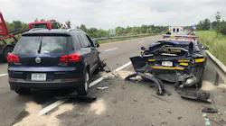 A chain reaction accident forced a New York State Police trooper to dive out of the way of his own patrol call during a traffic stop in Onondaga, NY, on Saturday. A chain reaction accident forced a New York State Police trooper to dive out of the way of his own patrol call during a traffic stop in Onondaga, NY, on Saturday.