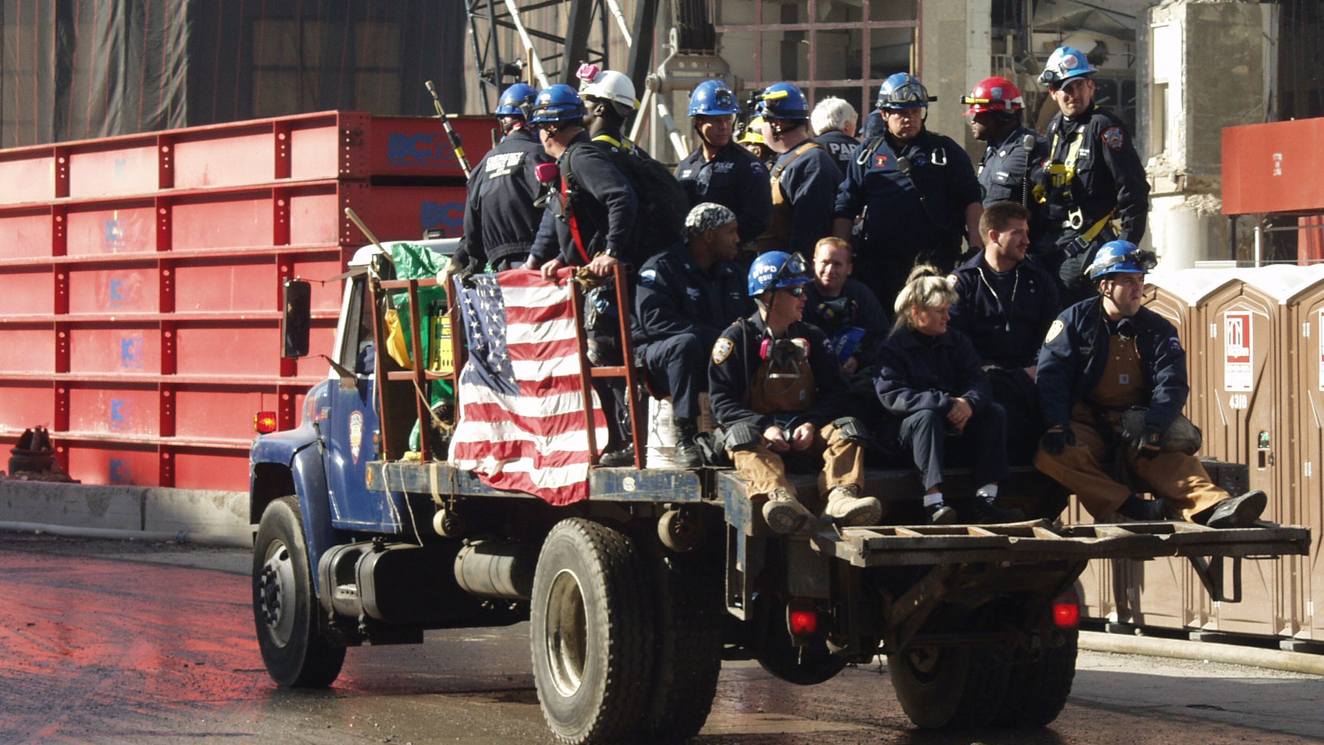 A New York Police Department Emergency Service Unit heads into Ground Zero as part of recovery efforts in New York City on Oct. 10, 2001.