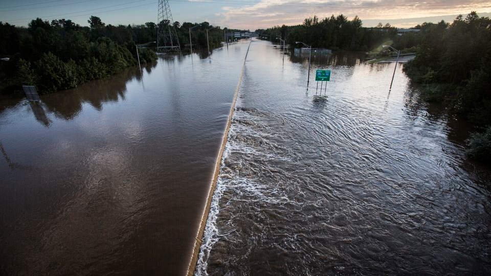 Route 1 in Lawrence, NJ, is underwater at the Interstate 295 interchange early Thursday after devastating levels of rain fell in the state from the remnants of Tropical Storm Ida.