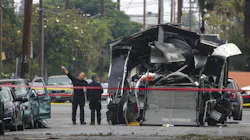 Investigators look into a June 30 fireworks explosion that destroyed LAPD's bomb squad vehicle. Investigators look into a June 30 fireworks explosion that destroyed LAPD's bomb squad vehicle.