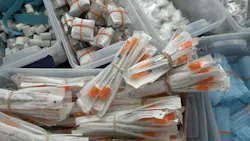 Sterile drug paraphernalia supplies given to drug users as a public health measure include (clockwise from lower left): syringes; non-latex ties; alcohol wipes; cottons, which filter out larger particles from drug solutions; cookers; and sterile water ampules. Sterile drug paraphernalia supplies given to drug users as a public health measure include (clockwise from lower left): syringes; non-latex ties; alcohol wipes; cottons, which filter out larger particles from drug solutions; cookers; and sterile water ampules.