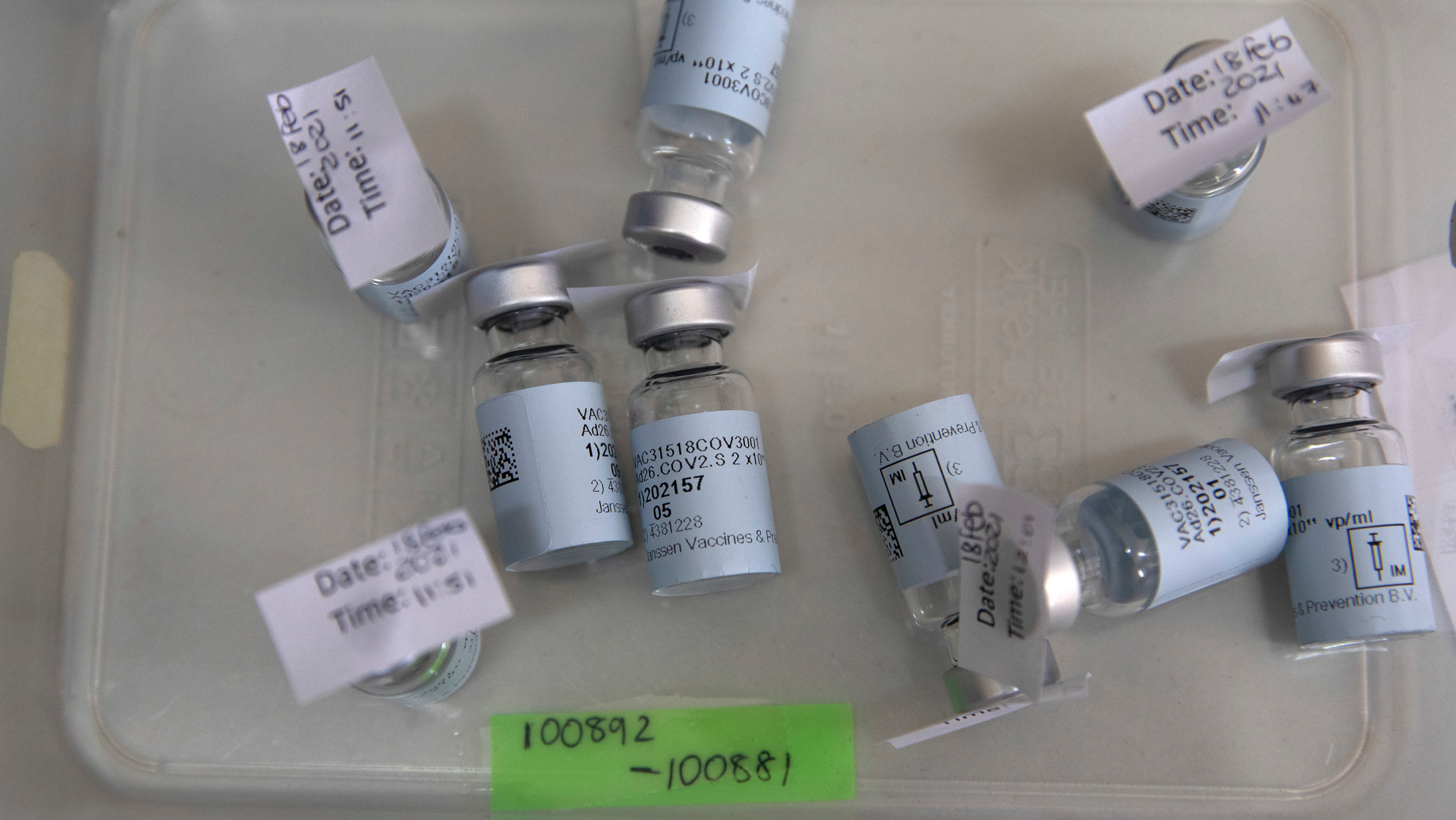 Empty vials that contained a dose of the Johnson & Johnson vaccine against COVID-19.