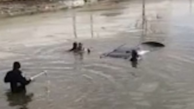 A Collinsville, IL, police officer waded into a pond's freezing waters to help rescue a woman trapped inside a submerged car Saturday.