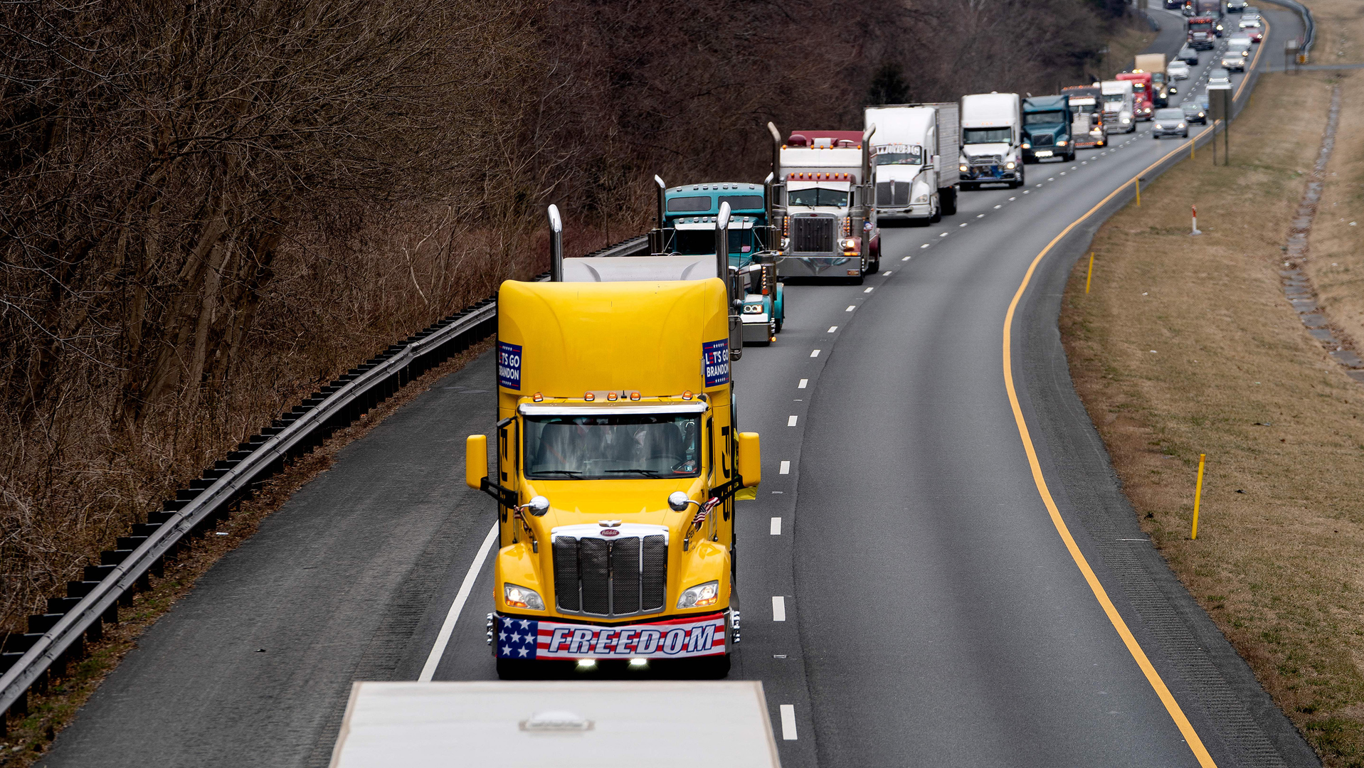 Participants of the People's Convoy drive the beltway around Washington, D.C., near Cabin John, MD, on Sunday.