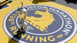The Boston Marathon trophy sits at the race's finish line Sunday. The Boston Marathon trophy sits at the race's finish line Sunday.