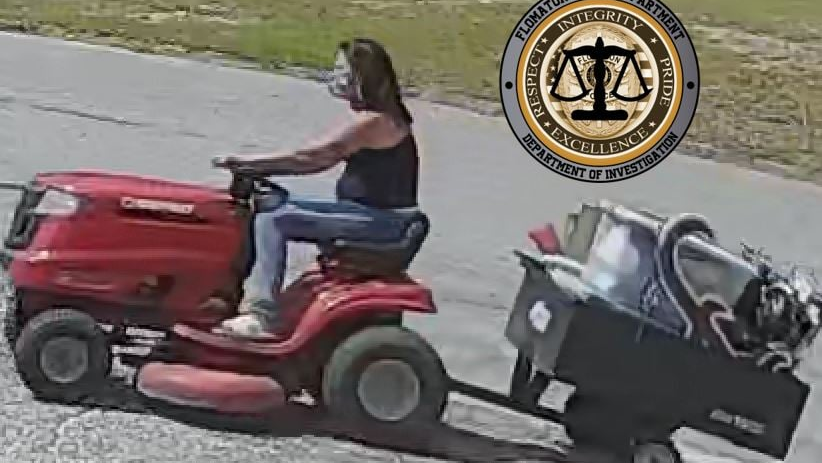 Flomaton, AL, police are searching for a woman who is accused of using a riding lawnmower to take off with a trailer of stolen items.
