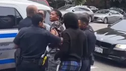 An NYPD officer was spat on and punched by a man and woman while police tried to take another woman into custody over loud music playing from a stereo in East Harlem on Tuesday. An NYPD officer was spat on and punched by a man and woman while police tried to take another woman into custody over loud music playing from a stereo in East Harlem on Tuesday.