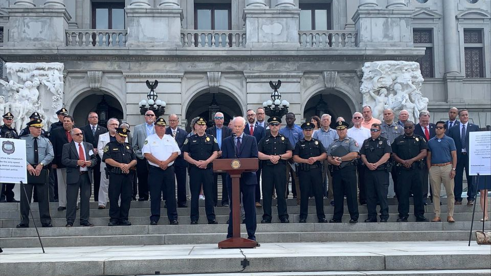 Jim Nowalk, president of the Pennsylvania State Mayors Association, (at podium) joined representatives from eight statewide law enforcement and municipal government organizations and the Pennsylvania State Police on Thursday to call on the legislators to pass a bill authorizing local police to use radar for speed enforcement.
