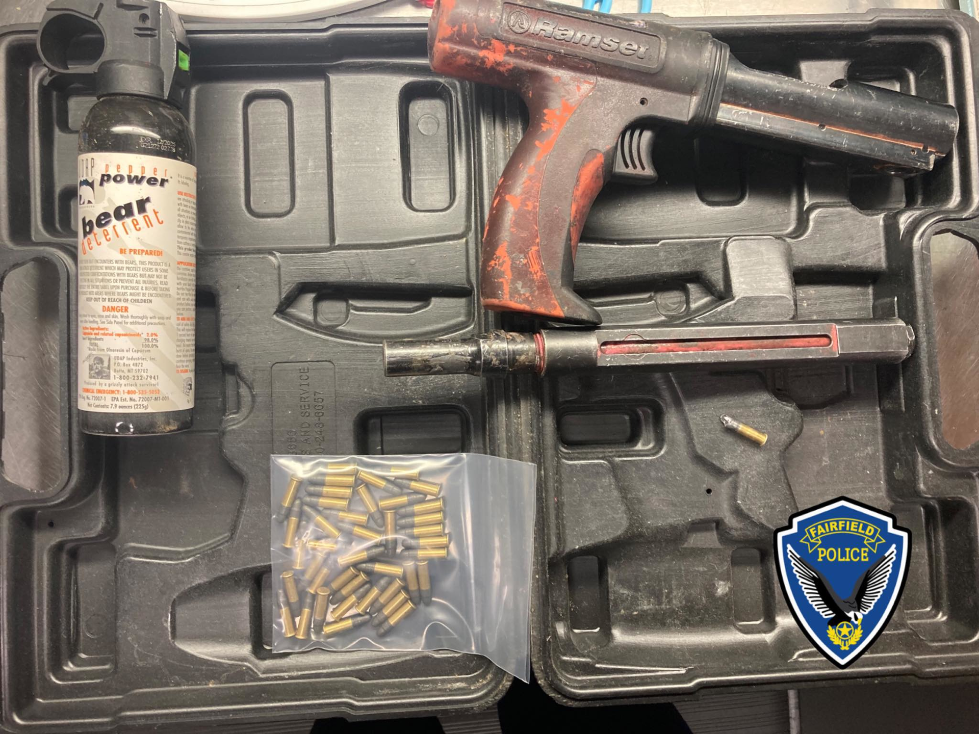 Fairfield, CA, police seized a Ramset powder actuated nailer&mdash;with a .22 caliber round inside it, so it could be used like a pistol&mdash;from a man wanted on two felony who became confrontational with an officer Saturday, dousing his face with bear spray.
