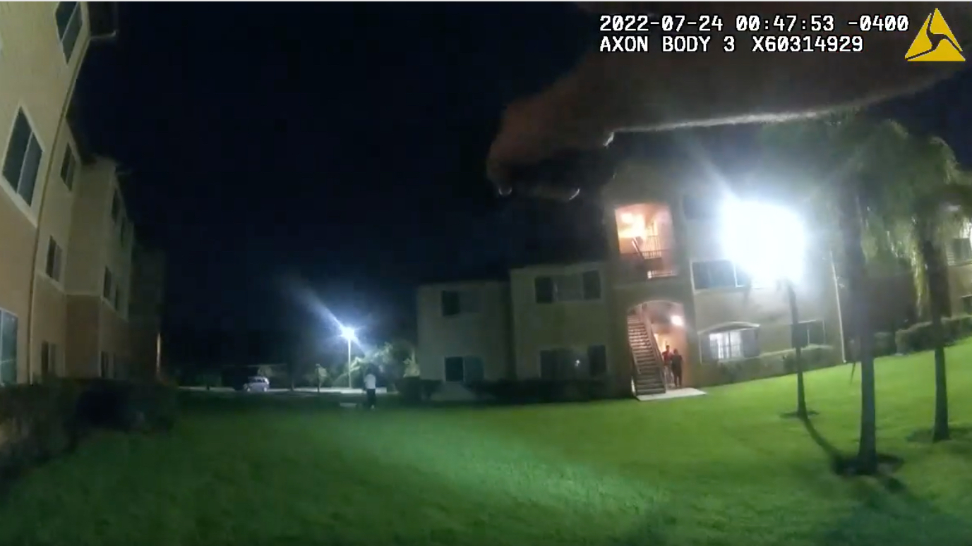 In a screenshot from body camera video, a Hillsborough County Sheriff's Office deputy points his service pistol at 32-year-old Jonathan Huertas Reyes at the Bristol Bay Apartments in Tampa early Sunday.