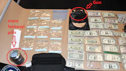 A Bellingham, WA, police officer spotted a wanted felon while on night patrol Wednesday, and that arrest uncovered cash, a pistol and over 2,000 fentanyl pills and other drugs. A Bellingham, WA, police officer spotted a wanted felon while on night patrol Wednesday, and that arrest uncovered cash, a pistol and over 2,000 fentanyl pills and other drugs.