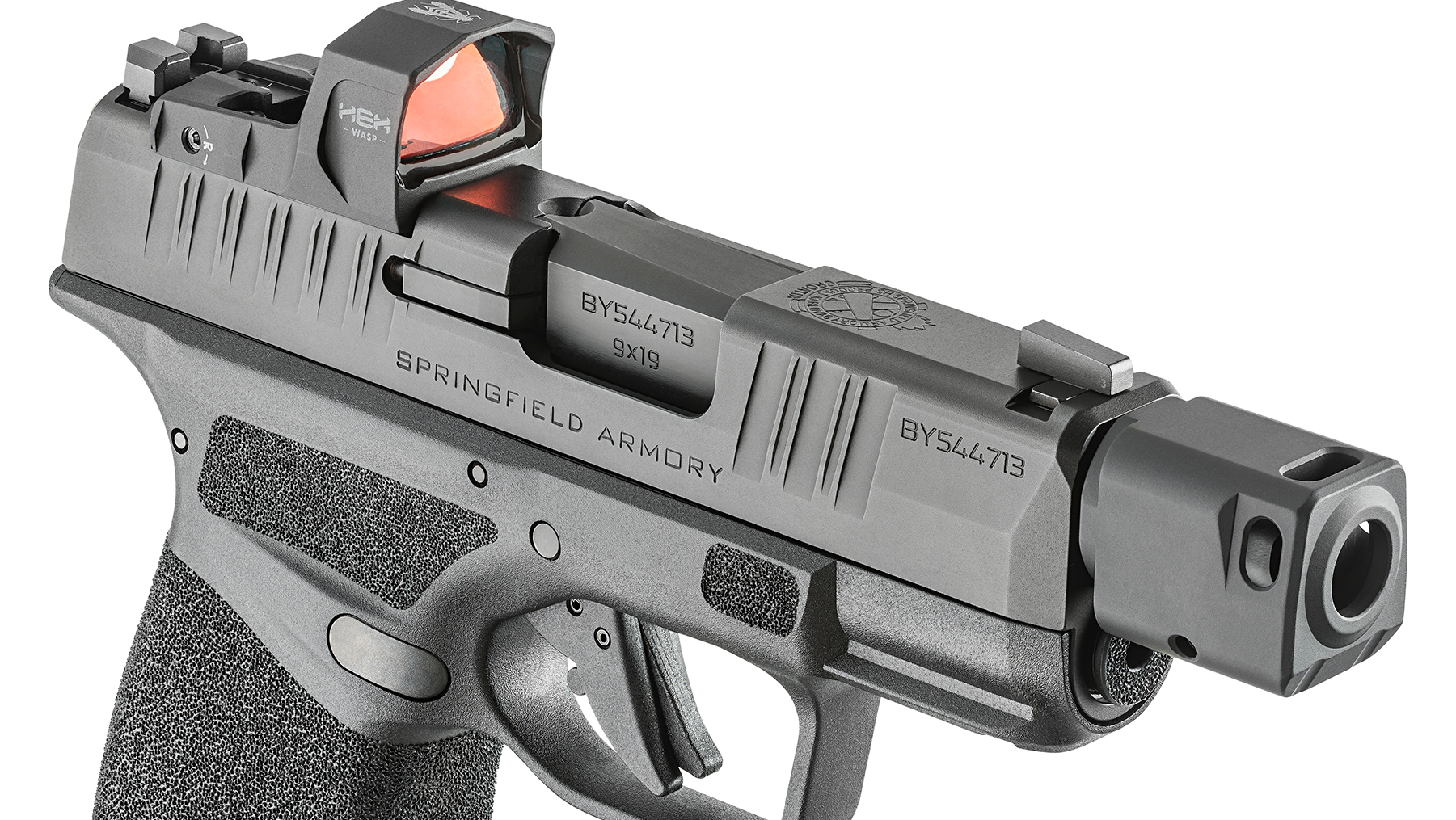 The Springfield Armory Hellcat with a HEX Wasp Micro Red Dot Sight.