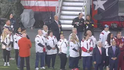 The New England Patriots honored fallen Bristol, CT, Police Lt. Dustin DeMonte and Sgt. Alex Hamzy ahead of their 'Monday Night Football' game with the Chicago Bears. The New England Patriots honored fallen Bristol, CT, Police Lt. Dustin DeMonte and Sgt. Alex Hamzy ahead of their 'Monday Night Football' game with the Chicago Bears.